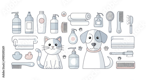 Cute Dog and Cat Grooming Supplies Collection Vector Illustration.
