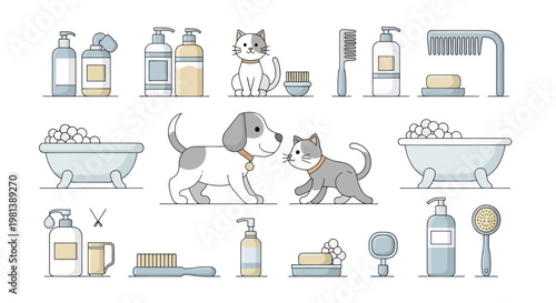 Cute Dog and Cat Grooming Supplies Collection.