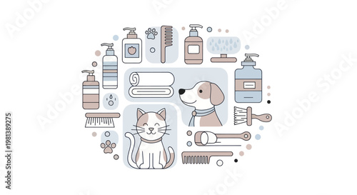 Cute Pet Grooming Supplies and Animals Illustration.