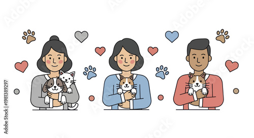 Diverse people holding cute pets in a heartwarming illustration.
