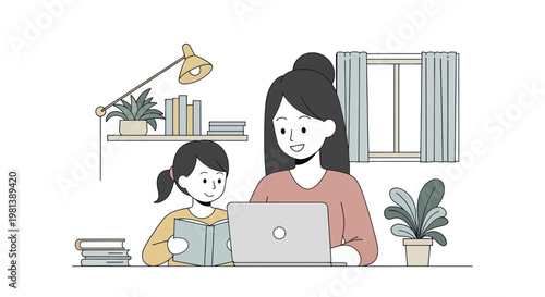 Mother and daughter learning together at home with laptop and books.