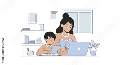 Mother and son learning together at home with laptop and books.