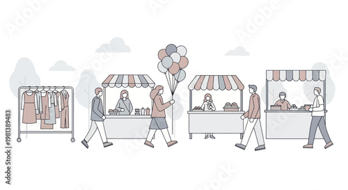 People shopping at an outdoor market with stalls and clothing rack.