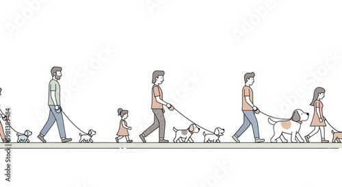 People Walking Dogs In A Line.