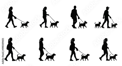 Silhouettes of people walking dogs in various poses.