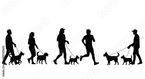 Silhouettes of people walking dogs in various poses.