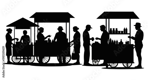 Silhouettes of people at street food stalls selling various items.