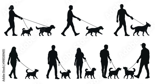 Silhouettes of people walking dogs in various poses.
