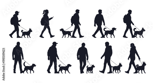 Silhouettes of people walking dogs in various poses and directions.