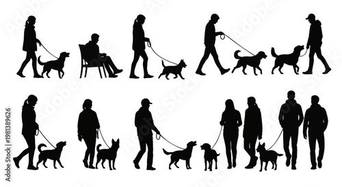 Silhouettes of people walking dogs in various poses and settings.