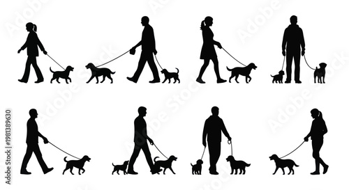 Silhouettes of people walking dogs in various poses and sizes.