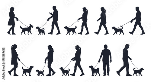 Silhouettes of people walking dogs in various poses.