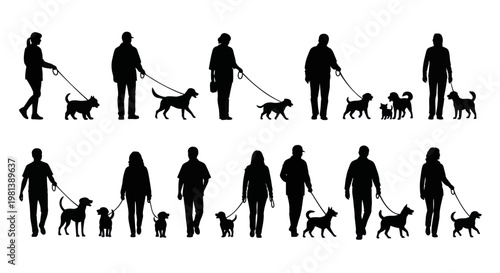 Silhouettes of people walking dogs in various poses and sizes.