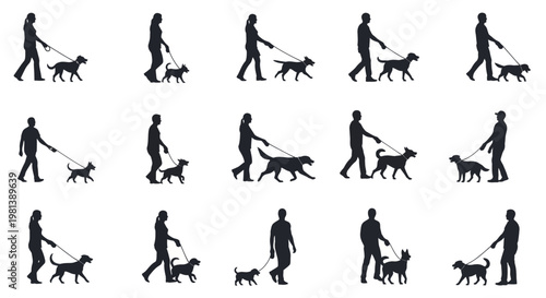 Silhouettes of people walking dogs of various breeds and sizes.