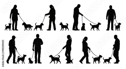 Silhouettes of people walking dogs on leashes in various poses.