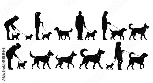 Silhouettes of people walking dogs of various breeds and sizes.