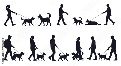 Silhouettes of People Walking Dogs on Leashes in Various Poses.