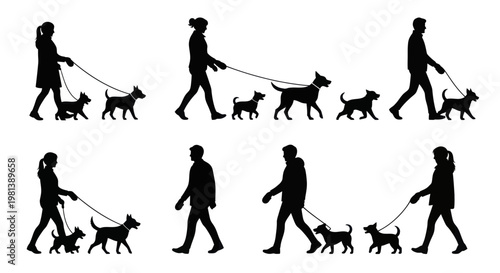 Silhouettes of people walking dogs on leashes in various poses.