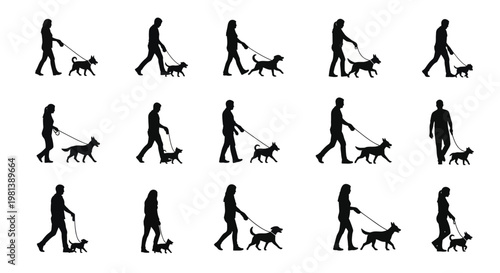 Silhouettes of people walking dogs on leashes in various poses.