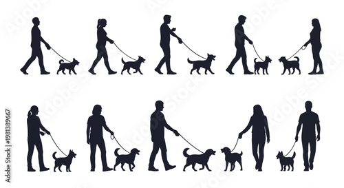 Silhouettes of people walking dogs on leashes in various poses.