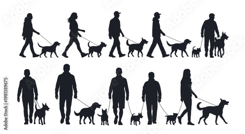 Silhouettes of people walking their dogs in various poses and sizes.