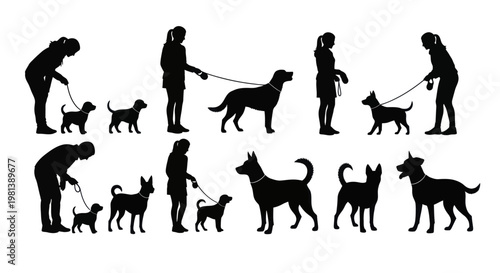 Silhouettes of people walking dogs, various breeds and sizes, pet owners with their companions.