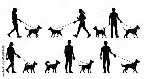 Silhouettes of people walking their dogs on leashes.