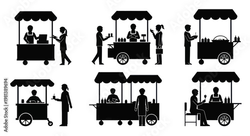 Silhouettes of Street Food Vendors and Carts Serving Customers.