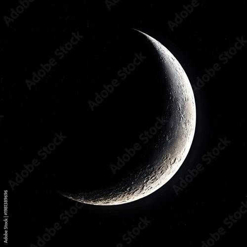 Crescent Moon with Craters in Dark Space Scene