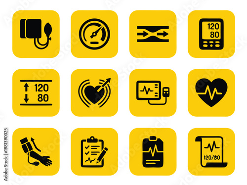 Medical Icons Representing Blood Pressure Monitoring and Heart Health.