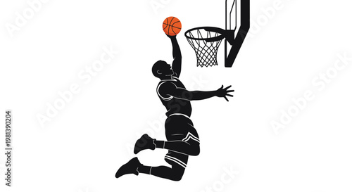 Basketball Player Slam Dunking Vector Illustration, Dynamic Silhouette Graphic for Sports Branding and Athletic Competition Concept Art