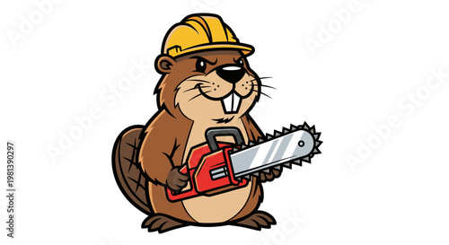 Beaver Construction Worker with Chainsaw Vector Illustration, Cartoon Mascot Character for Industrial and Forestry Branding Design