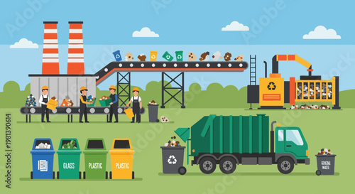 Industrial Waste Management Facility and Recycling Plant Process Vector Illustration