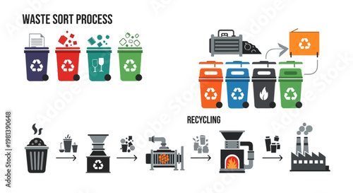 Waste Management and Recycling Process Vector Illustration Set