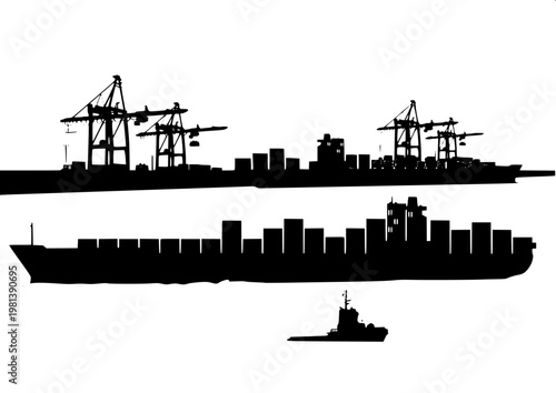 “Industrial logistics icon set including shipping containers, cranes, trucks, and cargo ships, consistent black silhouette style.”