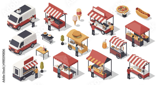 Isometric Food Trucks and Stalls Collection for Street Food Business.