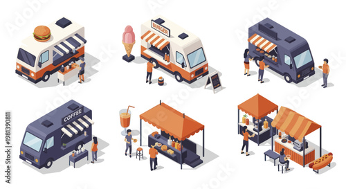 Isometric Food Trucks and Stalls Collection.