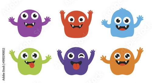 Set of Six Cute Cartoon Monsters with Different Expressions and Colors.