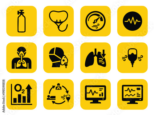 Medical Oxygen Therapy Icons Set.