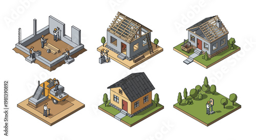 Stages of House Construction and Development Isometric View.