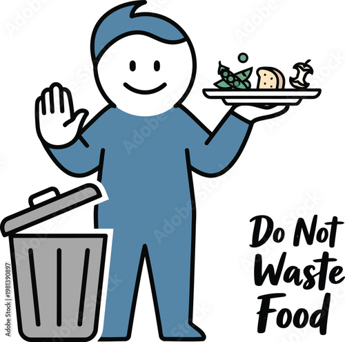 cartoon character holding plate of food scraps near trash can with do not waste text