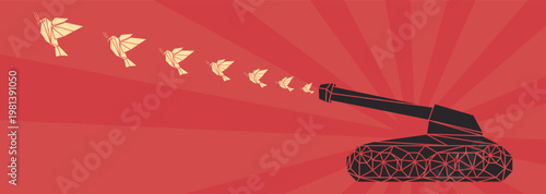 Abstract polygon flock of peace doves carrying olive branch flew out from the muzzle of the military tank's cannon on red background have blank space.