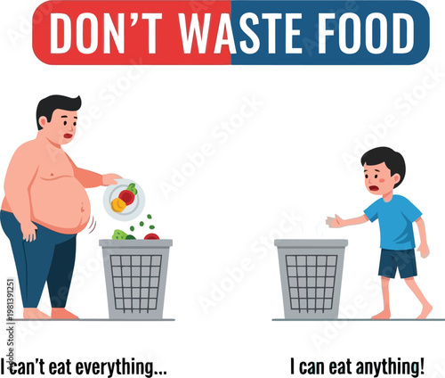 dont waste food concept illustration comparing overeating and hunger for social awareness and charity campaigns