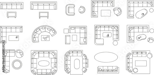 Collection of top-down views of various sofas and sectional seating arrangements for living room layouts