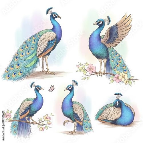 Vibrant Peacock Illustrations in Various Poses and Settings