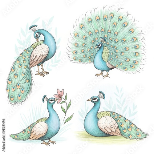 Vibrant Peacock Illustrations in Various Poses and Settings