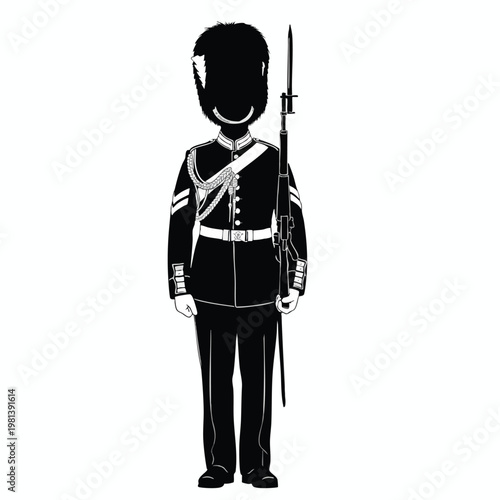 Silhouette of a Traditional Guard in Uniform Standing with a Rifle