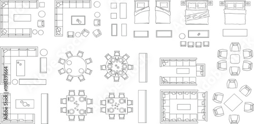 A comprehensive collection of top-down architectural symbols and interior design elements, featuring various furniture layouts for living rooms, dining areas, and bedrooms, ideal for spatial planning