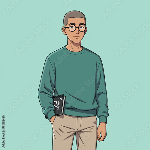 Young Man with Glasses Holding a Digital Device in Casual Attire