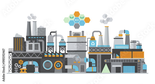 Modern Industrial Factory Complex with Smokestacks and Pipelines.